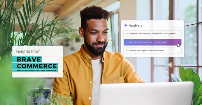 Brand marketer analyzing AI-driven commerce insights on a laptop, illustrating real-world use of AI in commerce from the BRAVE COMMERCE podcast