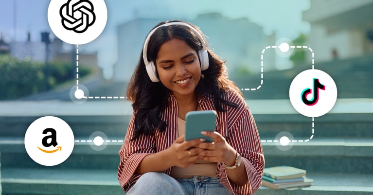 Consumer navigating a connected commerce journey across AI, social media, and retail platforms, highlighting shoppable media and evolving product discovery.