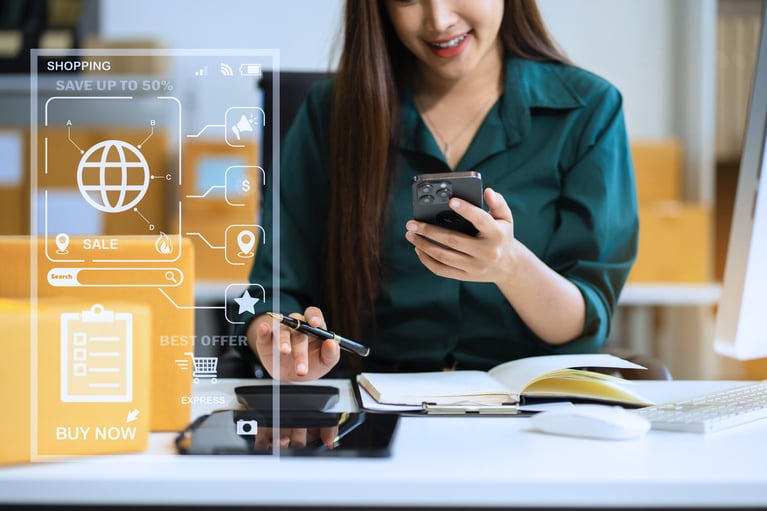 woman reviewing centralized commerce data