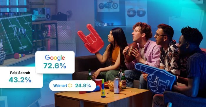 Friends watching the Super Bowl 2026 on TV with overlay data showing Google 72.6%, Paid Search 43.2%, and Walmart 24.9%, illustrating retail traffic trends and commerce strategy insights.